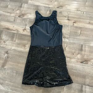 Teen girl dance costume. Sz adult small, black sequin leotard/hot pink jacket.